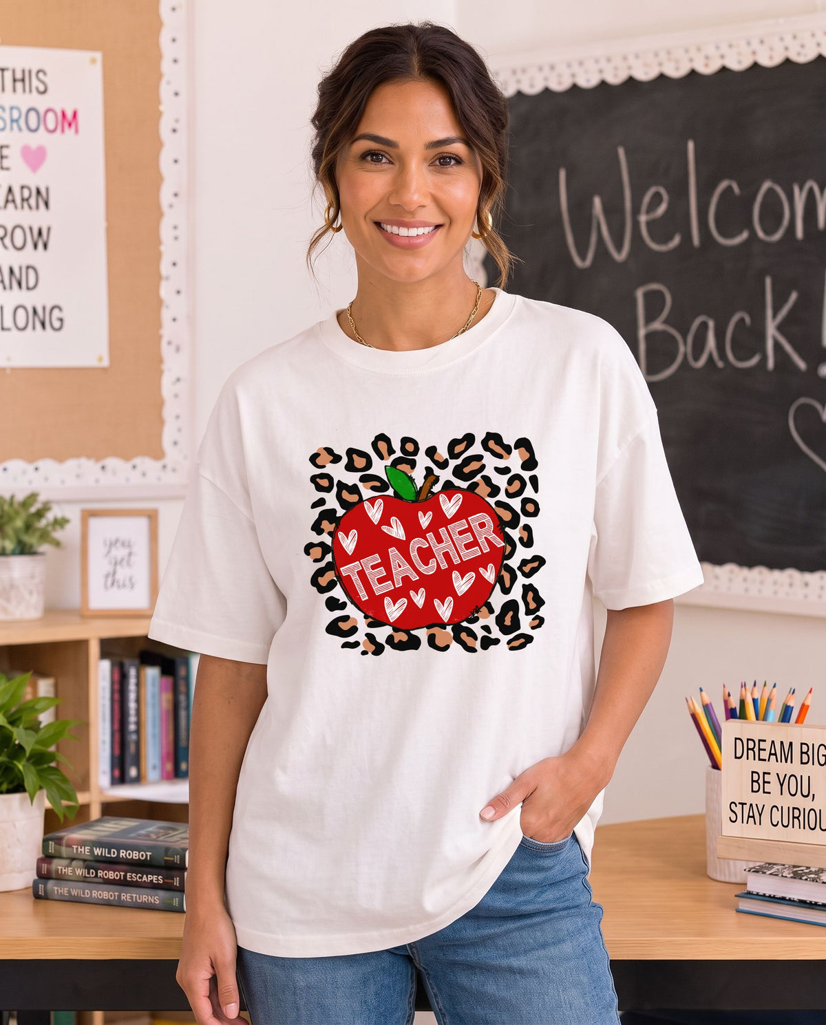 Teacher with Cheetah Print DTF transfer, ready-to-press heat transfer design, mockup