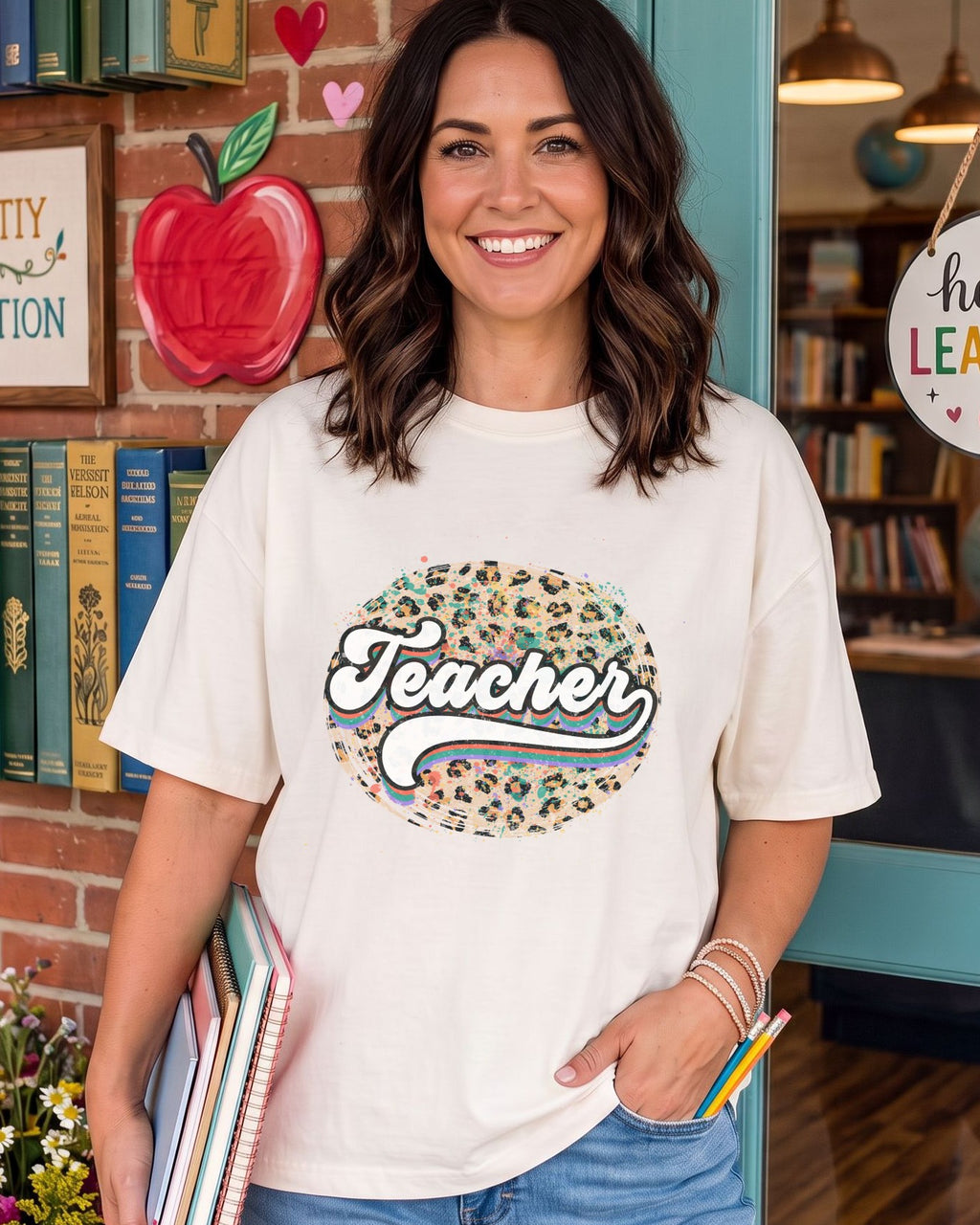 Retro Teacher with Cheetah Print DTF transfer, ready-to-press heat transfer design