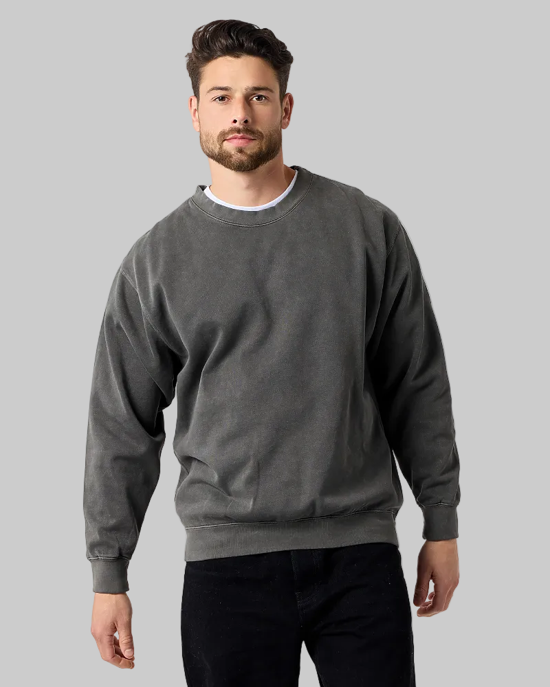 Smart Blanks 8003 heavyweight crewneck sweatshirt in Ash Black, pigment dyed, front view, 12 oz 400 GSM blank