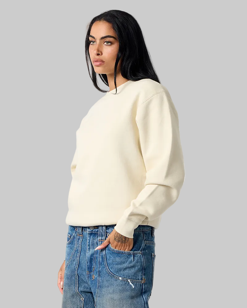 Model wearing Smart Blanks 8003 heavyweight crewneck sweatshirt in Bone, 12 oz 400 GSM blank