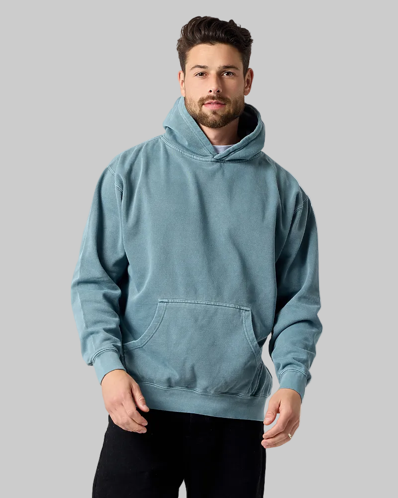 Smart Blanks 8005 ultra heavyweight fashion hoodie in Vintage Dusty Blue, pigment dyed, front view, 12 oz 400 GSM blank
