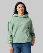 Model wearing Smart Blanks 8005 ultra heavyweight fashion hoodie in Vintage Sage, front view, 12 oz 400 GSM blank