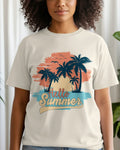 Person wearing a 'Hello Summer' t-shirt with palm tree design indoors.