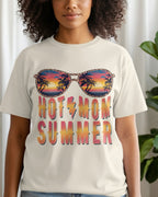 Person wearing a t-shirt with sunglasses and 'HOT SUMMER' text design.