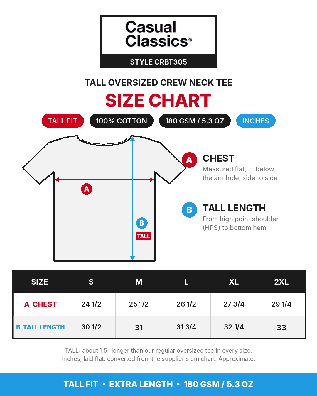Casual Classics CRBT305 TALL Oversized T-Shirt, Extra Long Length 5.3 oz | 180 GSM