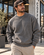 Smart Blanks 8003 heavyweight crewneck sweatshirt, lifestyle photo in a cafe, 12 oz 400 GSM blank