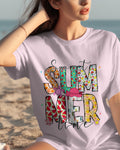 Woman wearing a 'Summer Time' t-shirt on a beach