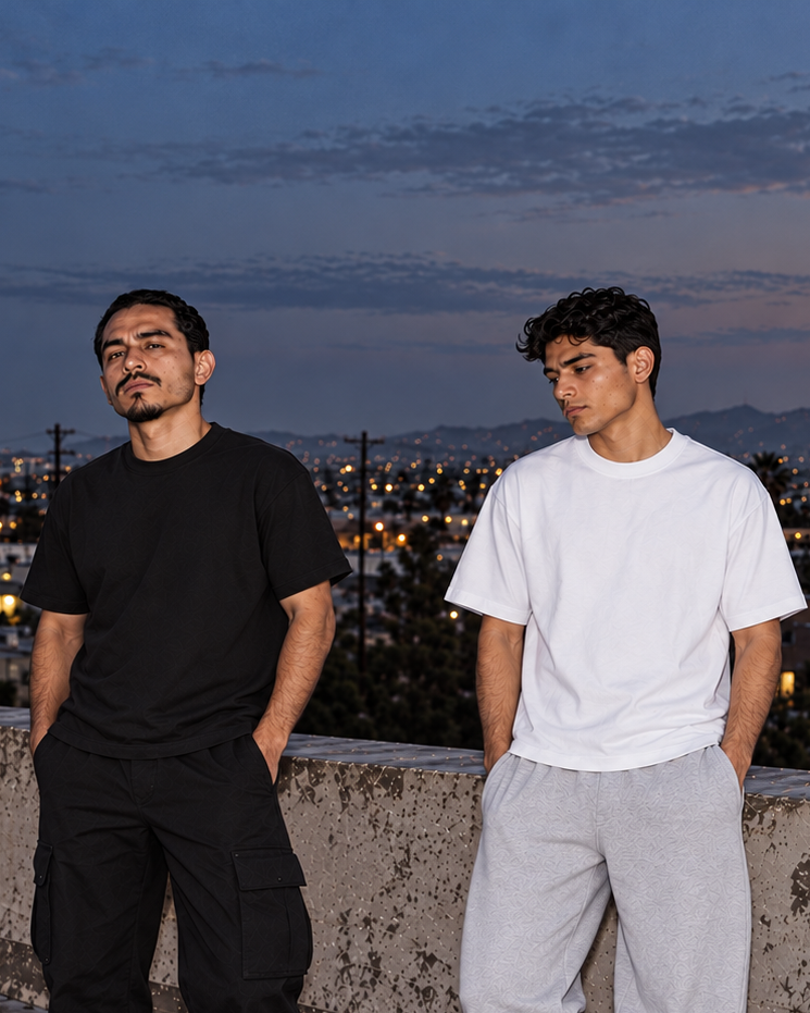 PROL LINE heavyweight 100% cotton tee, rooftop lifestyle photo, 6 oz 200 GSM blank