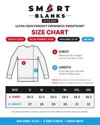 Smart Blanks 8003 heavyweight crewneck sweatshirt size chart, sizes S to 3XL
