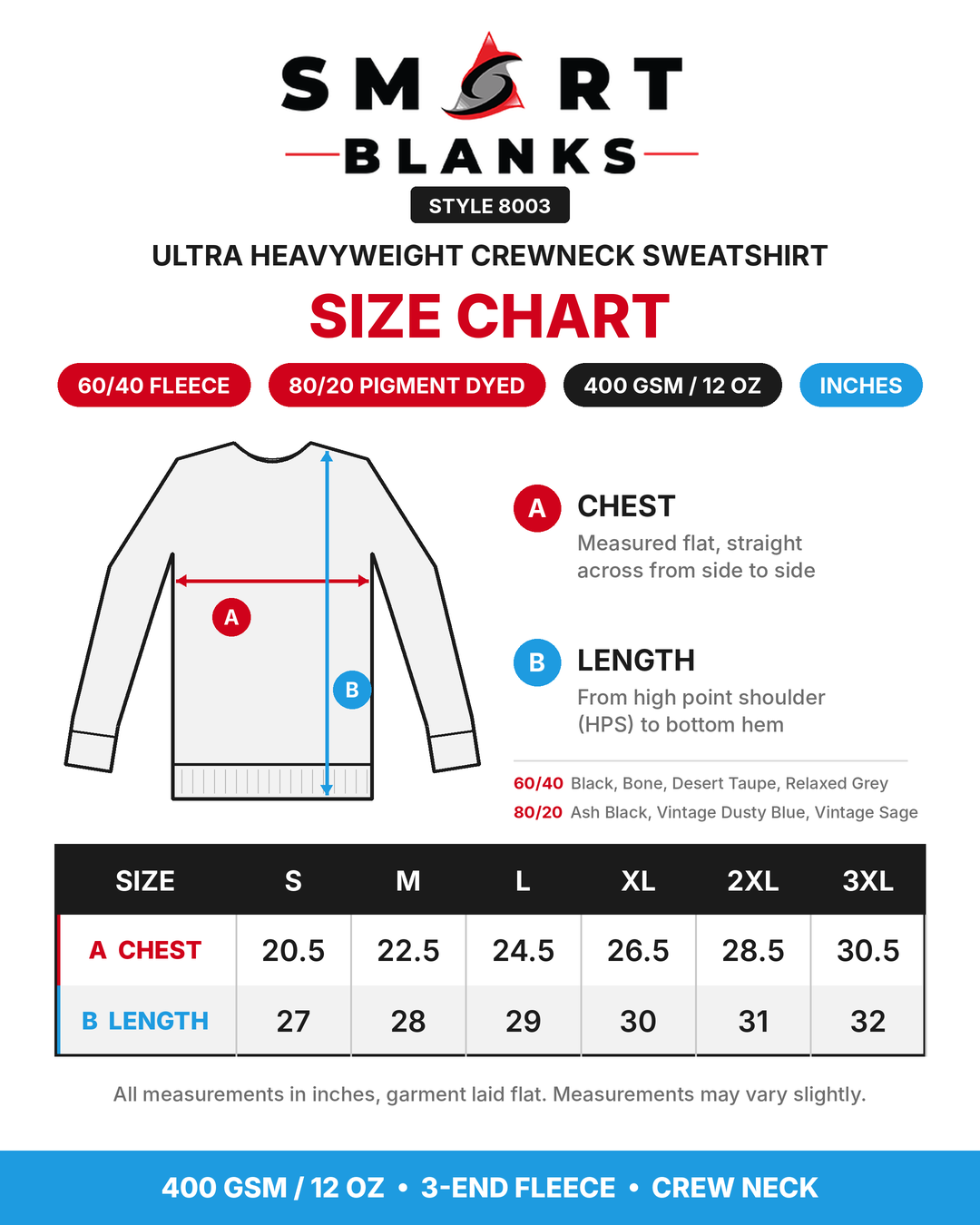 Smart Blanks 8003 heavyweight crewneck sweatshirt size chart, sizes S to 3XL