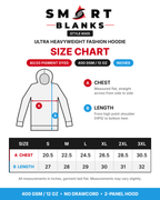 Smart Blanks 8005 ultra heavyweight fashion hoodie size chart, sizes S to 3XL