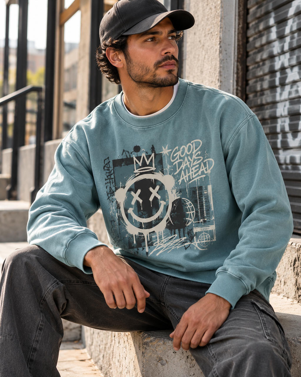 Smart Blanks 8003 heavyweight crewneck sweatshirt, streetwear lifestyle photo, 12 oz 400 GSM blank