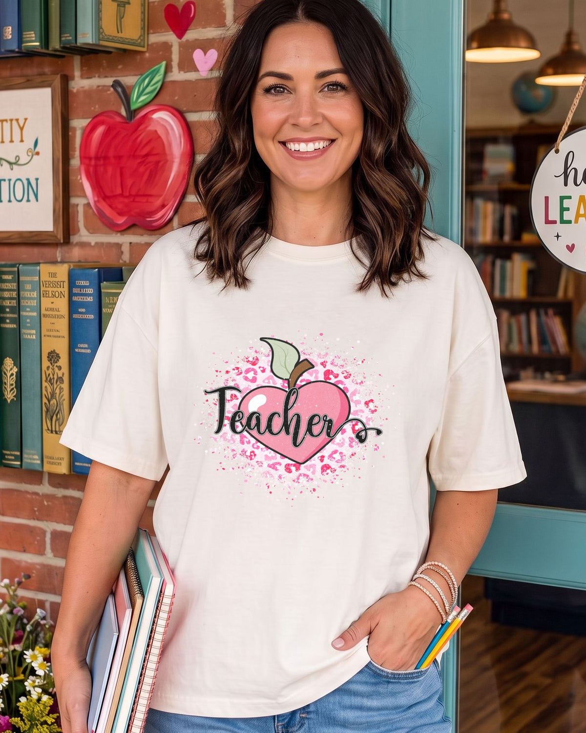 Teacher Heart Apple DTF transfer, ready-to-press heat transfer design