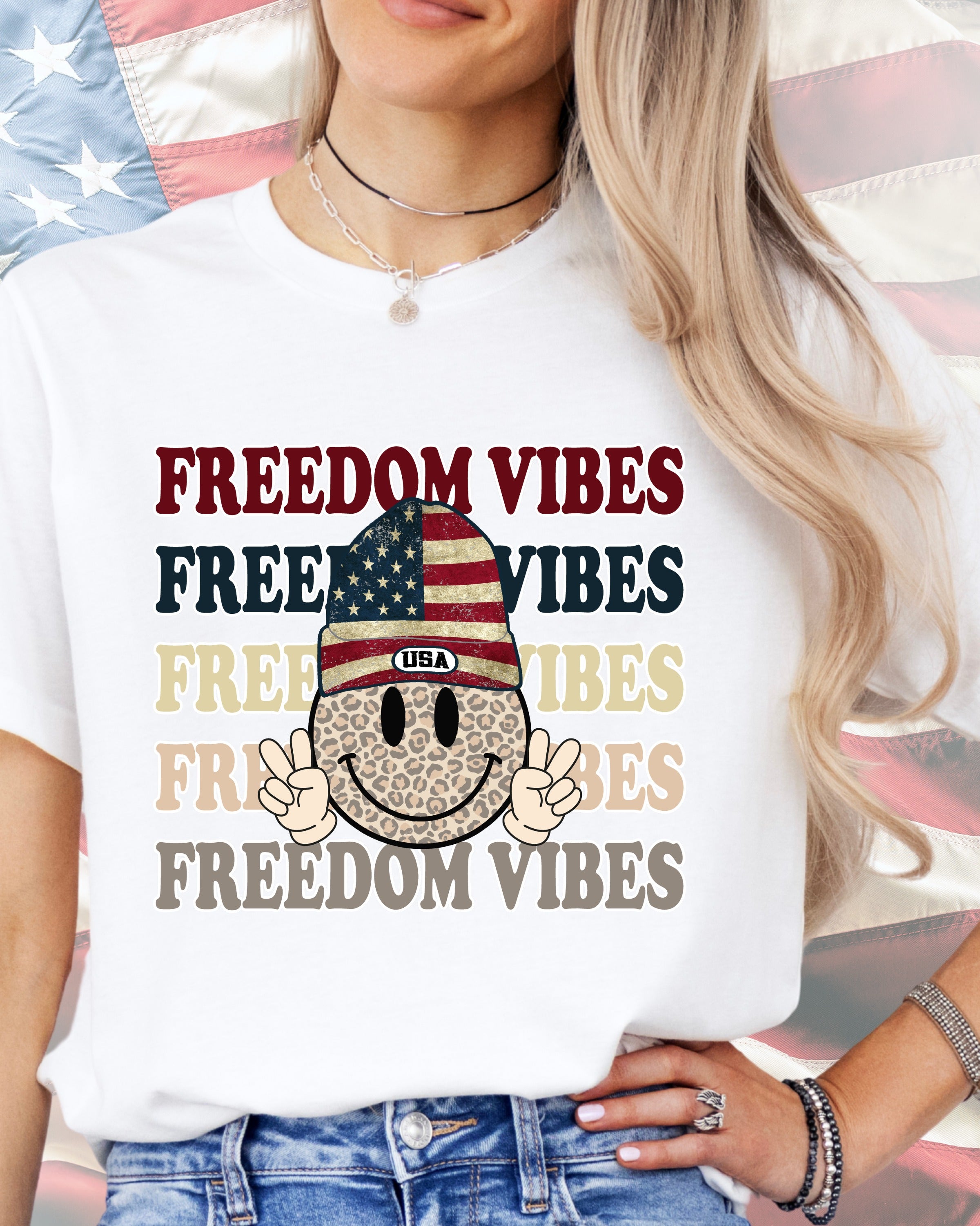 Freedome Vibes Cheetah Smiley with Flag Beanie-DTF Transfer