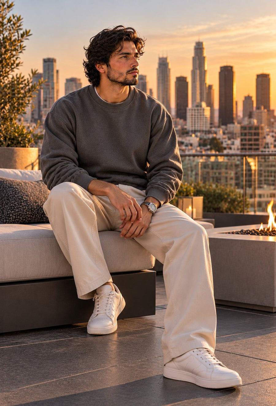 Model wearing a plain charcoal crewneck sweatshirt