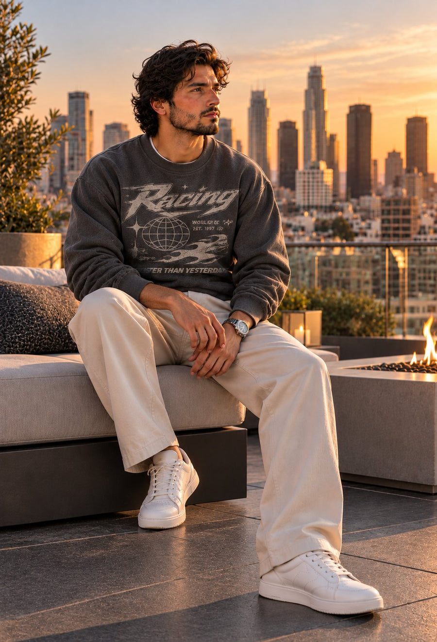 Same model and sweatshirt with a custom racing graphic printed on the front
